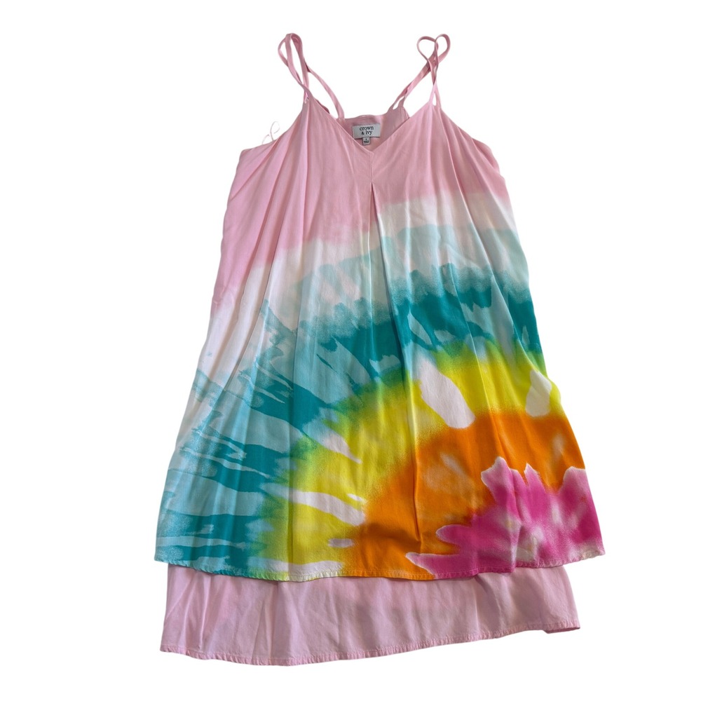 Crown & Ivy Womens Pink Tie Dye Layered Mini Dress V-Neck Strappy Size S